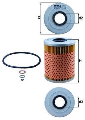 Ölfilter mit beschrifteten Abmessungen: Außendurchmesser (D), Höhe (H), kleiner Durchmesser (d2) und Innendurchmesser (d3), mit O-Ringen.