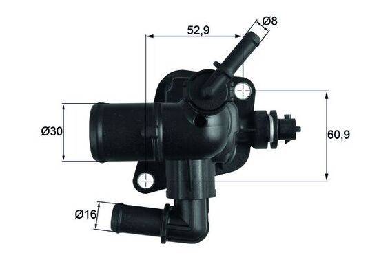 Eine technische Zeichnung eines Fahrzeugteils mit Maßangaben: 52,9 mm Breite, Rohre mit 8 mm und 16 mm Durchmesser.