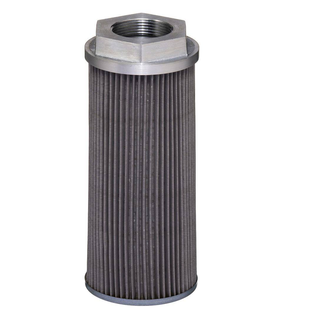 Ein zylindrischer Metallfilter mit vertikalen Falten, einem sechseckigen Gewinde-Deckel, der in mechanischen oder industriellen Anwendungen verwendet wird.