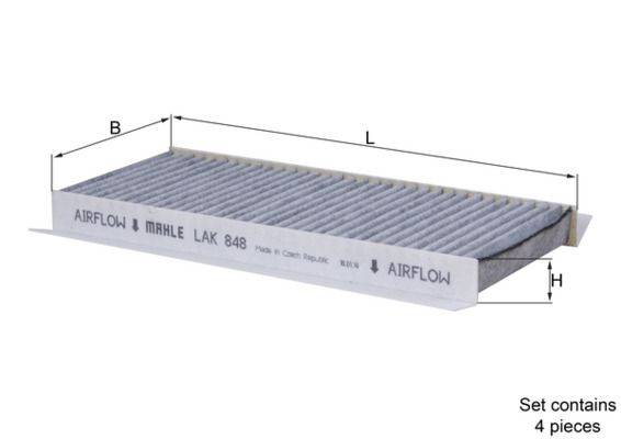 Rechteckiger Luftfilter mit der Aufschrift „MAHLE LAK 848". Pfeile zeigen die Luftstromrichtung an. Die Abmessungen sind als L, B und H angegeben.