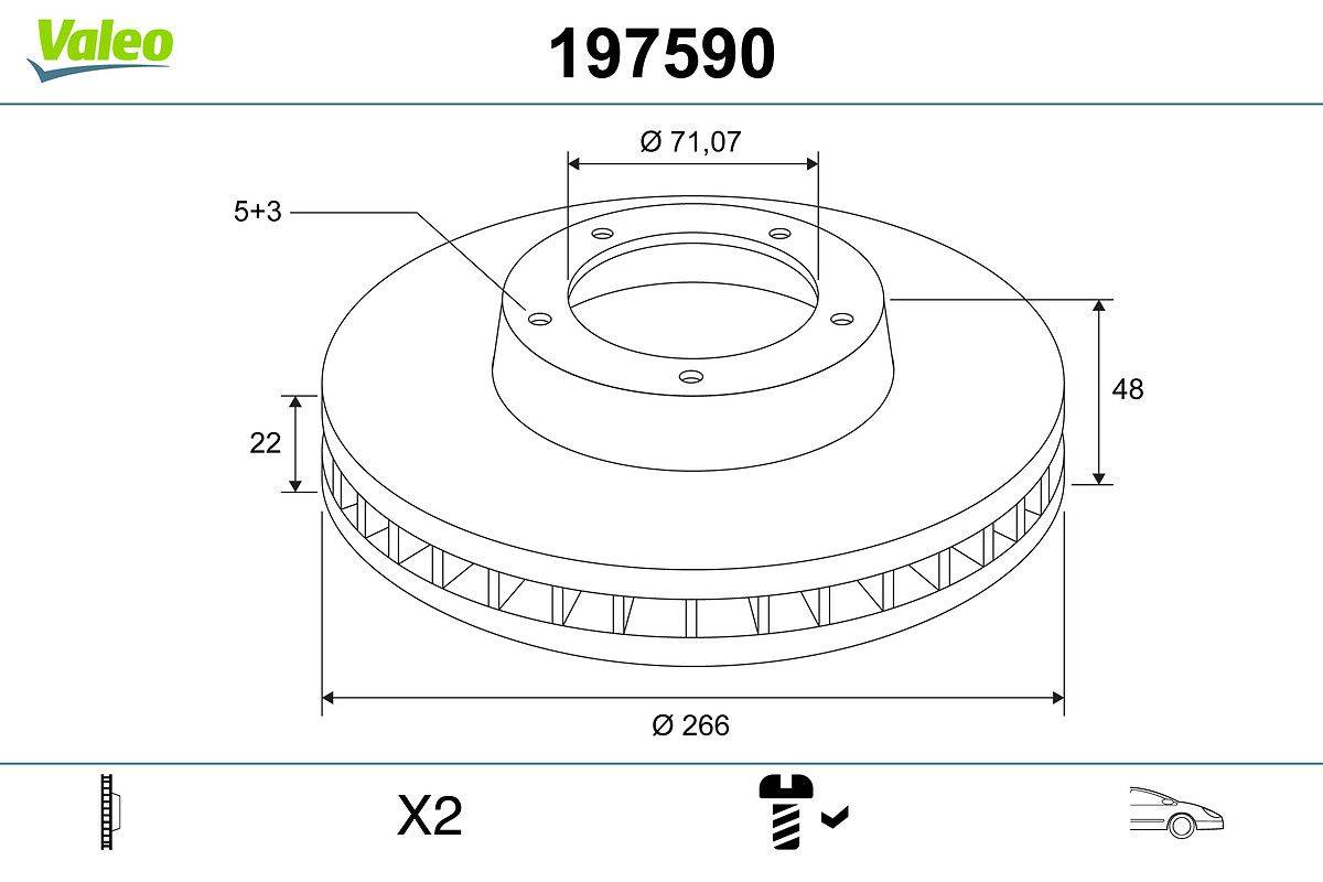 Technische Zeichnung einer Bremsscheibe. Abmessungen umfassen Durchmesser 266 mm, Mittelloch 71,07 mm, Höhe 22 mm und Dicke 5+3 mm. Teilenummer '197590'.