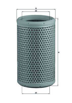 Ein metallischer zylindrischer Luftfilter mit gelochten Seiten, konzipiert für industrielle oder mechanische Anwendungen, mit Abmessungen im Hintergrund.
