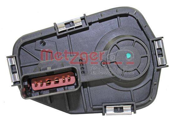 Türschloss-Aktuator-Baugruppe mit elektrischem Anschlussport und Ausrichtungspunkten auf einem grauen Gehäuse. Metzger Autoteile-Markenlogo sichtbar.