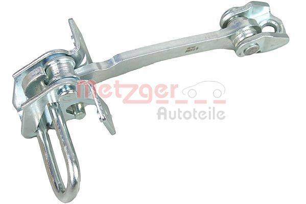 Autotür-Türbegrenzungsband von Metzger, dient zur Begrenzung des Türöffnungswinkels. Silbernes Metallband mit Befestigungslöchern. Markenlogo im Hintergrund.