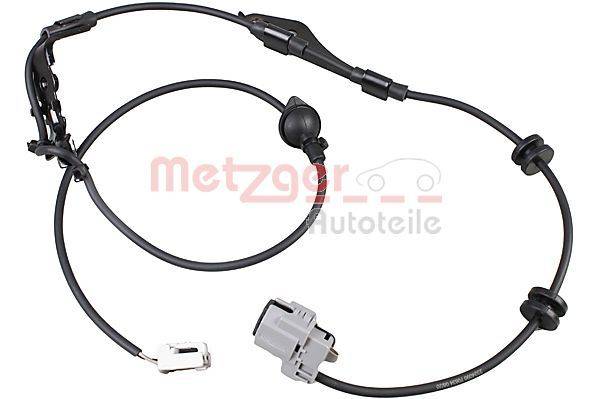 Ein schwarzes Kabel mit Anschlüssen an beiden Enden und einem Sensor in der Mitte, verwendet in der Automobilanwendung. Im Hintergrund ist das Logo von 'Metzger Autoteile' zu sehen.