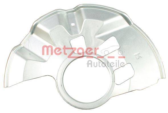 Ein silbernes Metallautoteil mit einer kreisförmigen Mitte, das einem Bremsschild ähnelt. Der Markenname 'Metzger Autoteile' ist darauf gedruckt.