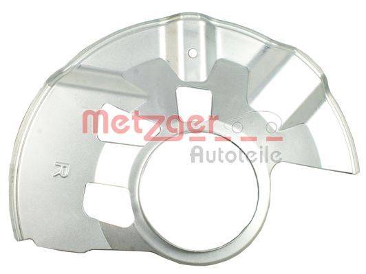 Ein glänzender silberner Autobremsschutzschild mit der Aufschrift „Metzger Autoteile R