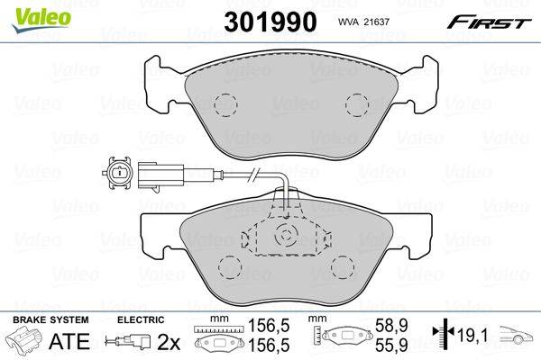 Eine technische Zeichnung eines Bremsbelagsatzes mit Teilenummer '301990'. Zeigt Abmessungen (156,5 mm, 55,9 mm) und enthält Verdrahtungsdetails.