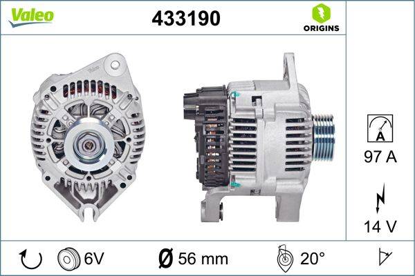 Autolichtmaschine mit Teilenummer 433190 von Origins, 6V, 56 mm Durchmesser, mit einer 20-Grad-Winkelansicht von vorne und von der Seite dargestellt.