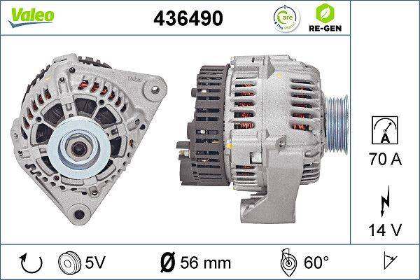 Vorder- und Seitenansichten eines Generators mit Produktcode 436490. Symbole zeigen 5 Volt, 56 mm Größe und 60-Grad-Kompatibilität.