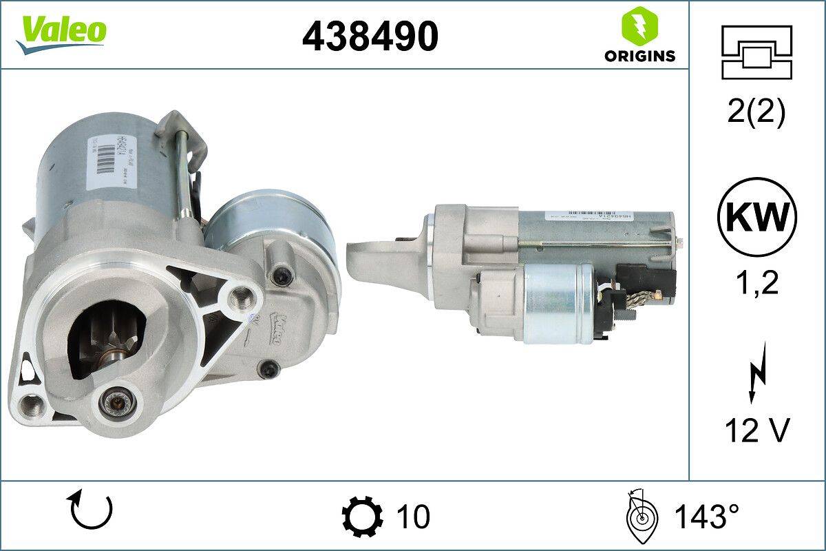 Ein Motor mit der Identifikationsnummer 438490 auf weißem Hintergrund, der detaillierte Komponenten und Mechanismen zeigt.