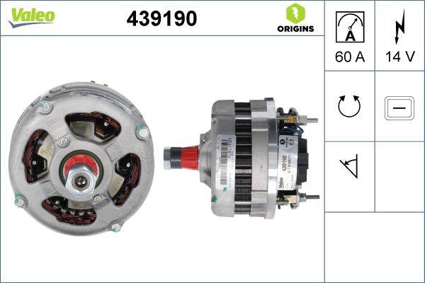 Vorder- und Seitenansicht eines mechanischen Rotors mit Produktcode '439190' von Origins, mit Darstellung der Verdrahtungsverbindungen und Spezifikationen.