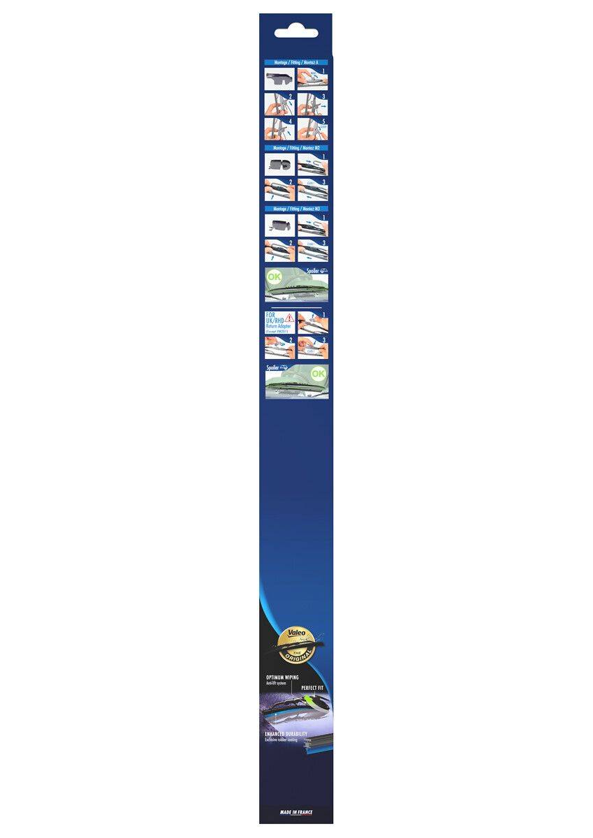 Ein blaues und silbernes digitales Thermometer-Verpackungsdesign mit Produktabbildungen und Anweisungen: Einführen, auf Signalton warten, Ergebnis ablesen.