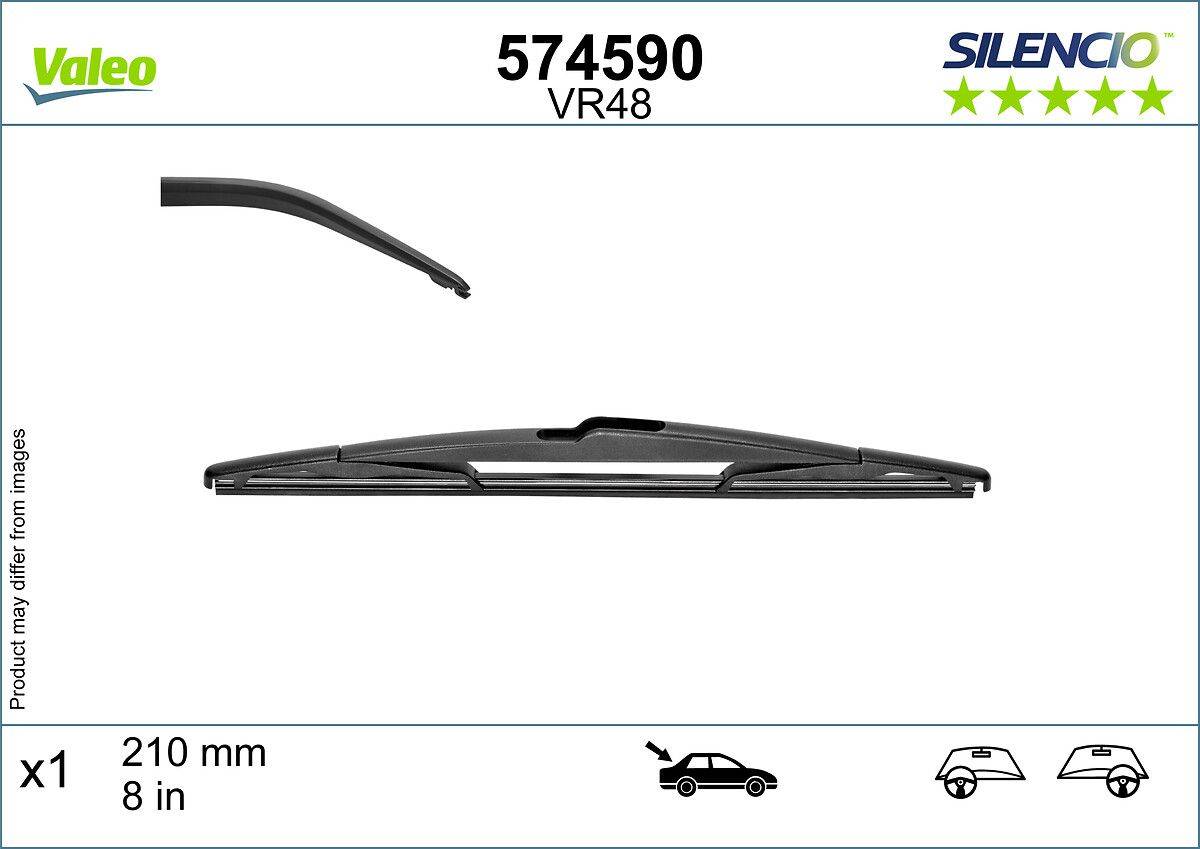 Scheibenwischerblatt Modell 574590 VR48; enthält Abbildung des Wischerblatts und der Verpackung. Geeignet für 530mm-Installationen. Enthält Fahrzeugkompatibilitäts-Symbole.