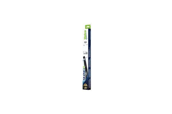 Paket für einen Valeo SILENCIO Scheibenwischer, bestehend aus einer langen, schmalen rechteckigen Schachtel mit Produktbranding und einem grünen Eckenetikett.