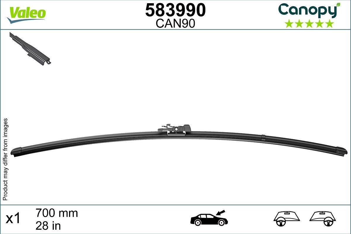 Scheibenwischerblatt Modell 583990 CAN90 abgebildet, geeignet für verschiedene Automodelle, wie durch Symbole unten gekennzeichnet.