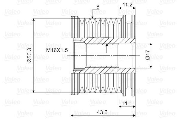 Technische Zeichnung eines zylindrischen mechanischen Teils mit Zähnen. Abmessungen: 8, 11,2, 17, 11,1, 43,6, M16x1,5.