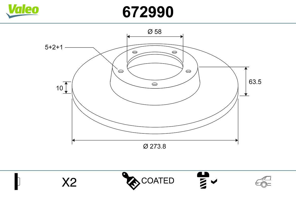 Darstellung einer Bremsscheibe mit beschrifteten Maßen: Durchmesser 273,8 mm, innerer Kreis 58 mm und Höhe 10 mm. Teilenummer '672990', Menge 'X2', beschriftet mit 'BESCHICHTET'.