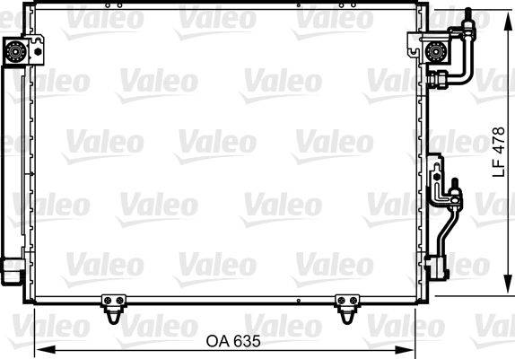Das mit der Marke 'Valeo' gekennzeichnete Diagramm zeigt die Abmessungen eines rechteckigen Objekts, wobei OA 635 am unteren Rand angegeben ist, was auf ein Automobilbauteil hindeutet.