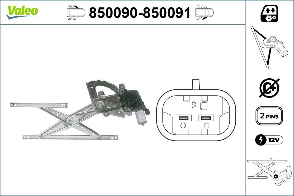 Autofensterhebevorrichtung und Mechanismusdiagramm mit Achse. Teilenummer '850090-850091' über dem Diagramm angezeigt.