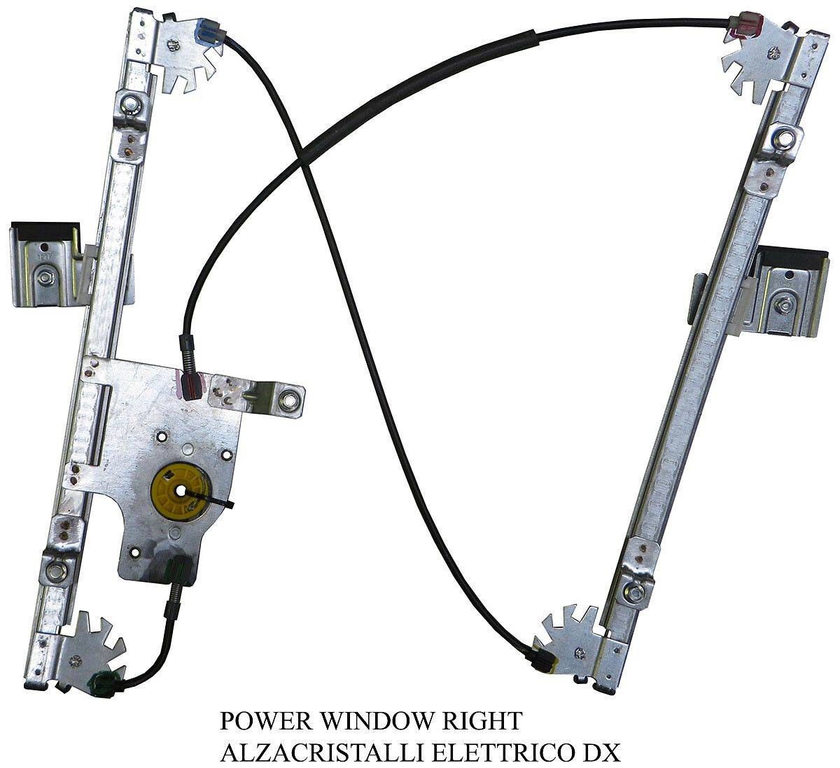 Elektrische Fensterhebermechanik für die rechte Seite, Metallrahmen mit Kabeln und Zahnrädern, gekennzeichnet als „POWER WINDOW RIGHT