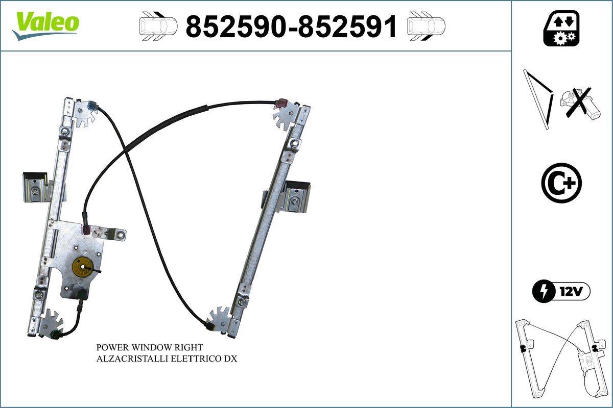 Elektrischer Fensterheber-Rechts-Regulator-Motor für Autos, gekennzeichnet durch die Teilenummer 852590-852591, zeigt den Mechanismus und die Kabel.