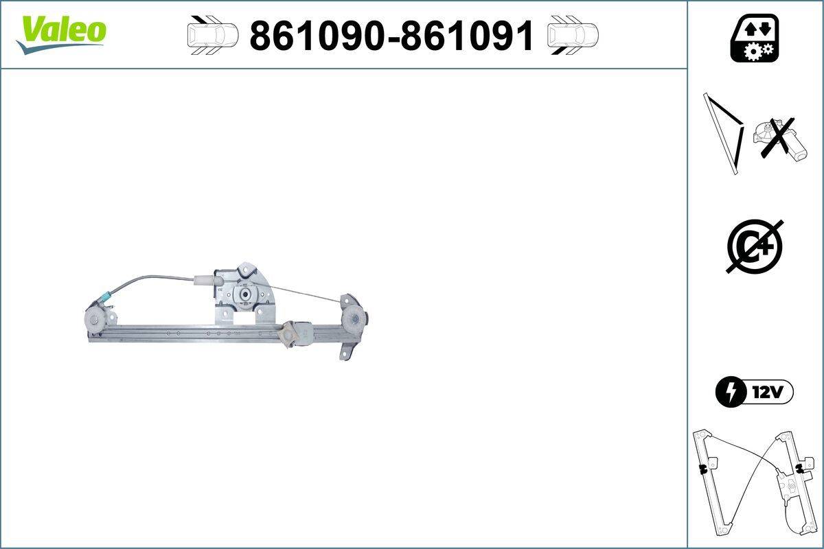Autofensterregler mit Kabel- und Riemensystem, Produktmodellnummer 861090-861091 am oberen Rand dargestellt.