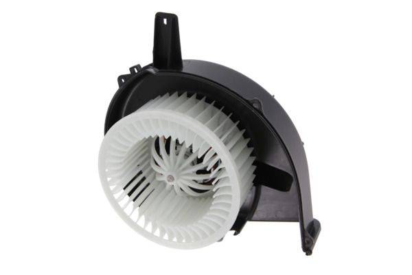 Weißer Kunststoff-Lüfterrotor, untergebracht in einem schwarzen Gehäuse; eine Komponente, die üblicherweise in HVAC-Systemen zur Luftzirkulation oder Belüftung verwendet wird.
