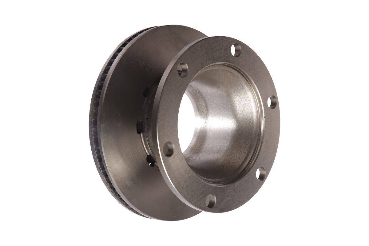 Ein kreisförmiger, metallischer Bremsrotor mit mehreren Löchern für Schrauben. Das Design zeichnet sich durch eine glatte, reflektierende Oberfläche und einen belüfteten Rand aus.