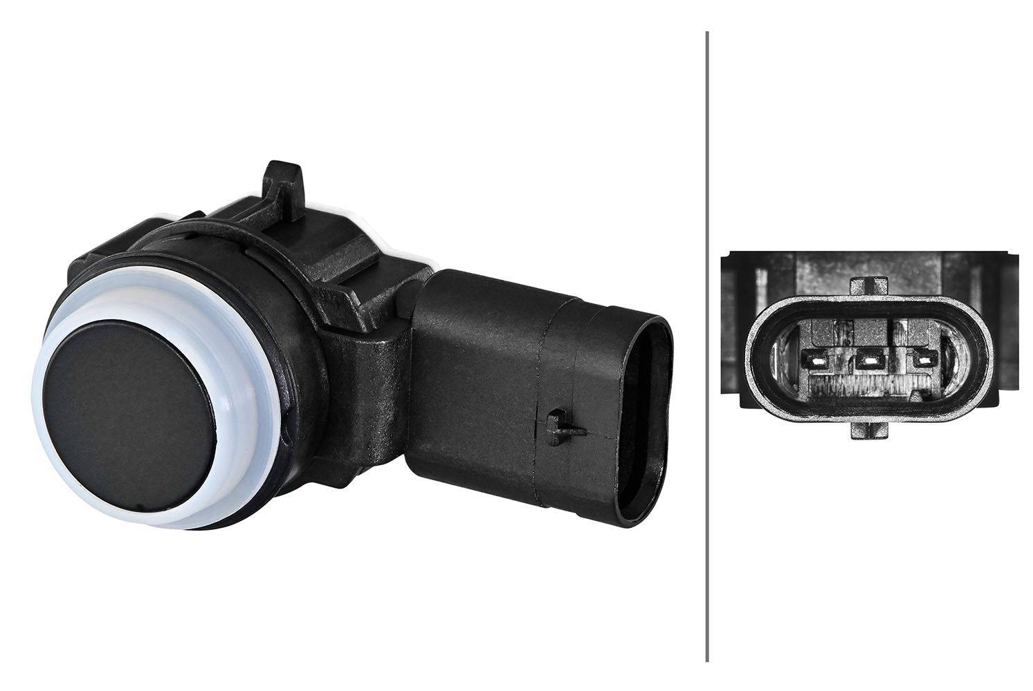 Ein schwarz-weißes Automotive-Sensor mit einer kreisförmigen Oberseite und einem rechteckigen Anschluss wird gezeigt, wobei der Fokus auf seiner Struktur und seinen Designdetails liegt.