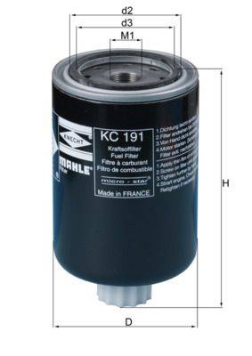 Ein zylindrischer Kraftstofffilter, gekennzeichnet mit 'KC 191' von Knecht. Er zeigt Abmessungen und trägt den Vermerk 'Made in France.' Schwarze Farbe mit weißer Schrift.