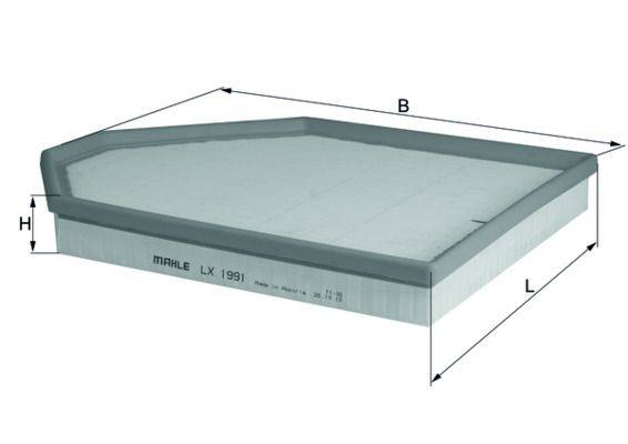 Luftfilter Modell 'MAHLE LX 1991' mit trapezförmiger Geometrie, beschriftete Dimensionen B und L, die Größendetails anzeigen.