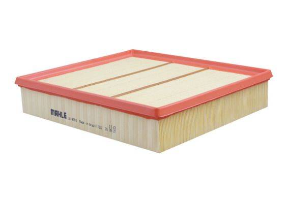 Ein rechteckiger, gefalteter Luftfilter mit rotem Rahmen und beigefarbenem Filtermaterial, gekennzeichnet mit 'MAHLE'. Verwendet zur Luftfilterung in Kraftfahrzeugen.
