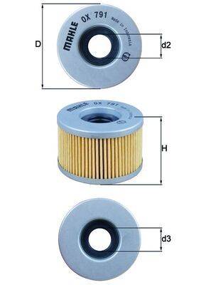Drei Ansichten eines zylindrischen Filters: Draufsicht, Seitenansicht und Unteransicht, mit beschrifteten Abmessungen D, d2, H und d3. Design und Maße dargestellt.
