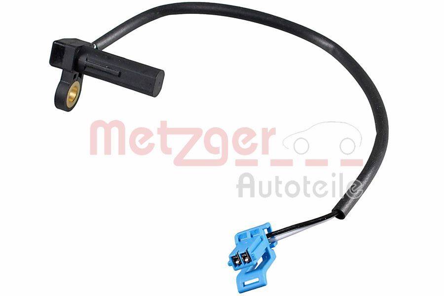 Ein schwarzes Automotive-Sensorkabel mit einem blauen Stecker wird mit dem Logo 'Metzger Autoteile' in roter Schrift im Hintergrund dargestellt.
