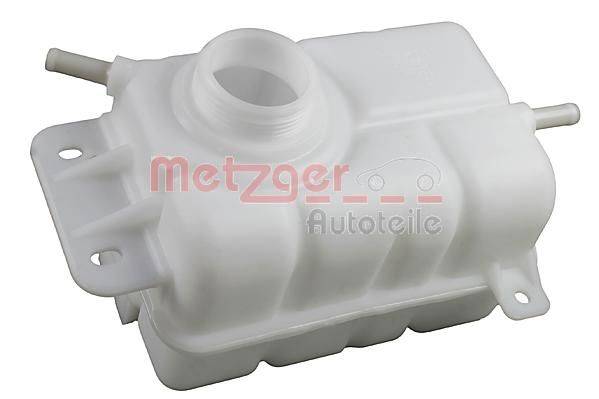 Kühlmittel-Ausgleichsbehälter in weiß aus Kunststoff mit der Markenbezeichnung 'Metzger Autoteile'.