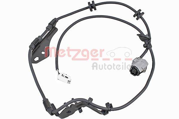 Ein Bremsbelagverschleißsensor-Kabel von Metzger mit sichtbaren Anschlüssen und Befestigungsclips, entwickelt für die Wartung der Fahrzeugsicherheit.
