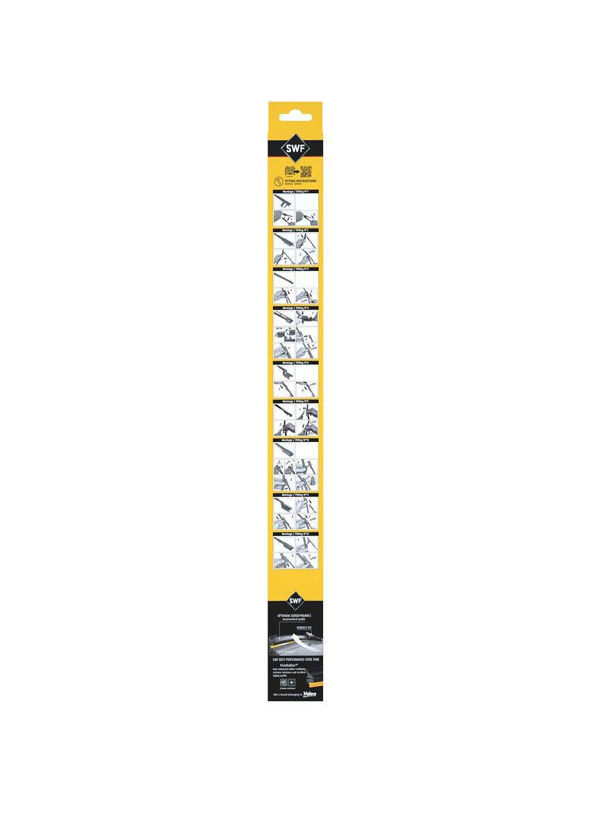 SWF Visioflex Installationsanleitung mit Schritt-für-Schritt-bildlichen Anweisungen zum Anbringen und Befestigen von Wischerblättern an einem Fahrzeug.