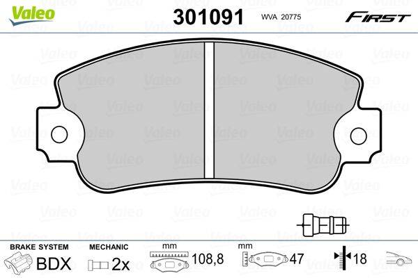 Ein Bremsbelagmodell '301091' Diagramm zeigt Abmessungen, einschließlich einer Breite von 108,9 mm und einer Höhe von 47 mm, mit beschrifteten mechanischen Teilen.