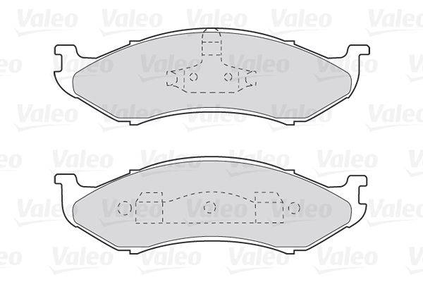 Diagramm von zwei Bremsbelägen, Ansicht von oben und unten, mit Befestigungslöchern und Umrissen, Markentext 'Valeo' im Hintergrund.