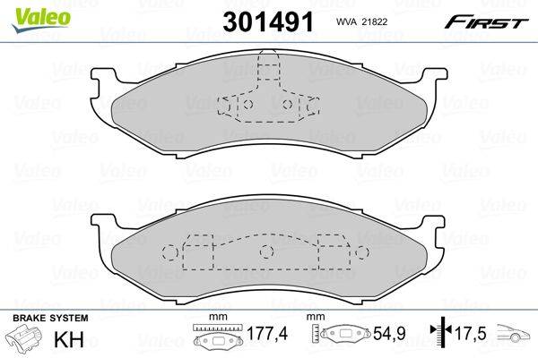 Bremsbelag-Diagramm, Teilenummer '301491', mit Abmessungen: 177,4 mm Länge, 54,9 mm Höhe und Dickendetails in Millimetern.