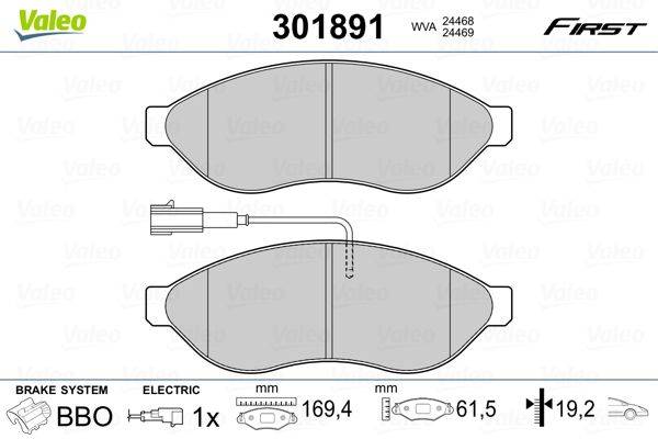 Diagramm der Bremsbelagabmessungen: 301891, WVA 24468, 24469. Elektrisch, 1x Satz, Länge 169,4 mm, Höhe 61,5 mm.