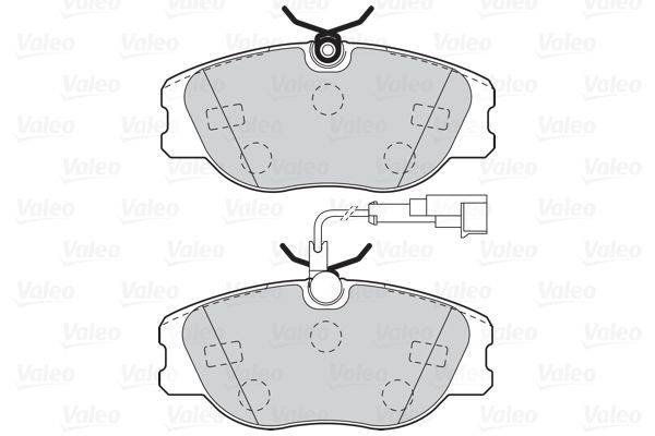 Diagramm, das zwei Bremsbeläge zeigt. Der obere Belag hat ein einfaches Design mit einem Loch an der oberen Kante, während der untere Belag einen Sensor und Kabelführung beinhaltet.