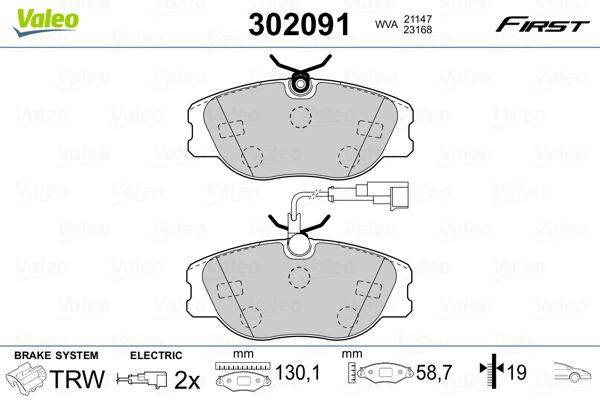 Diagramm der Bremsbelag-Spezifikationen, Teilenummer 302091. Beinhaltet Abmessungen: 130,1 mm Breite, 58,7 mm Höhe, 2x elektrische Anschlüsse.