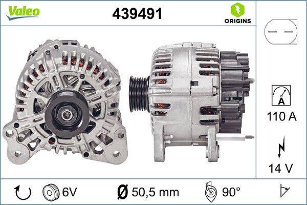 Lichtmaschine, 439491, Origins-Marke. Kompatibel mit 6V-Systemen. Abmessungen: 50,5 mm, 90-Grad-Rotationsfähigkeit.
