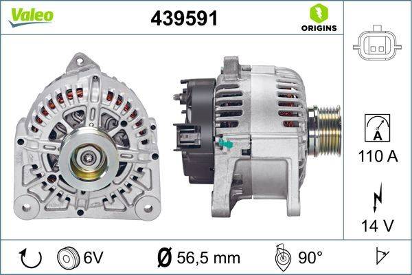 Autolichtmaschine Vorder- und Seitenansicht mit Teilenummer 439591. Spezifikationen umfassen 6V, 56,5 mm Durchmesser und 90° Ausrichtung.