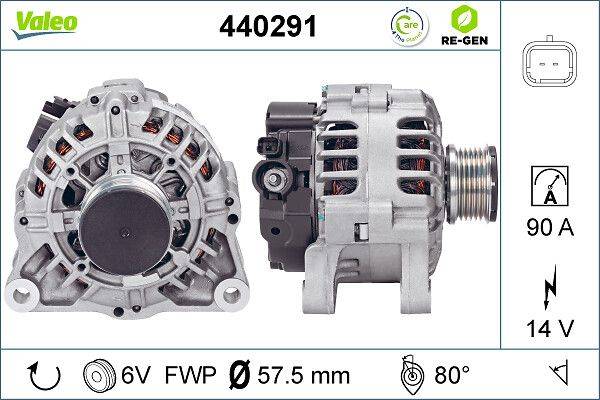 Bild eines Automotive-Generators, Modellnummer 440291. Merkmale umfassen 6V, FWP, 57,5 mm und einen 80°-Messindikator.
