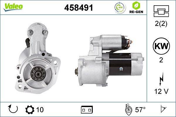 Bild eines Anlassermotors für Kraftfahrzeuge. Die Teilenummer 458491 ist oberhalb des Bildes dargestellt, mit Öko-Freundlichkeits- und Qualitätssicherungssymbolen.