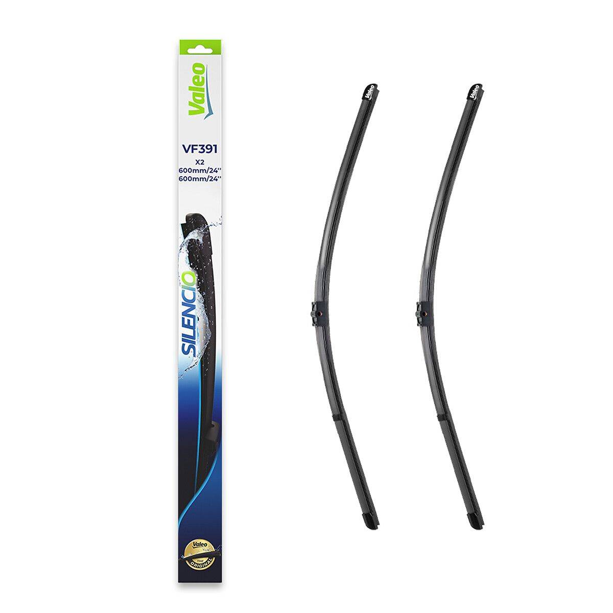 Valeo Silencio VF391' Wischerblätter, Größe 600 mm, in Verpackung und einzeln dargestellt, entwickelt für die Kompatibilität mit bestimmten Fahrzeugmodellen.