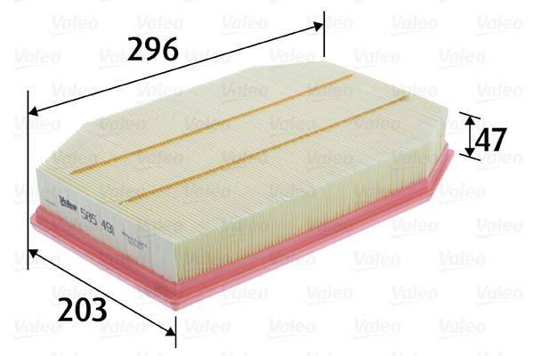 Rechteckiger Autoluftfilter mit Abmessungen: 296 mm Länge und 183 mm Breite.